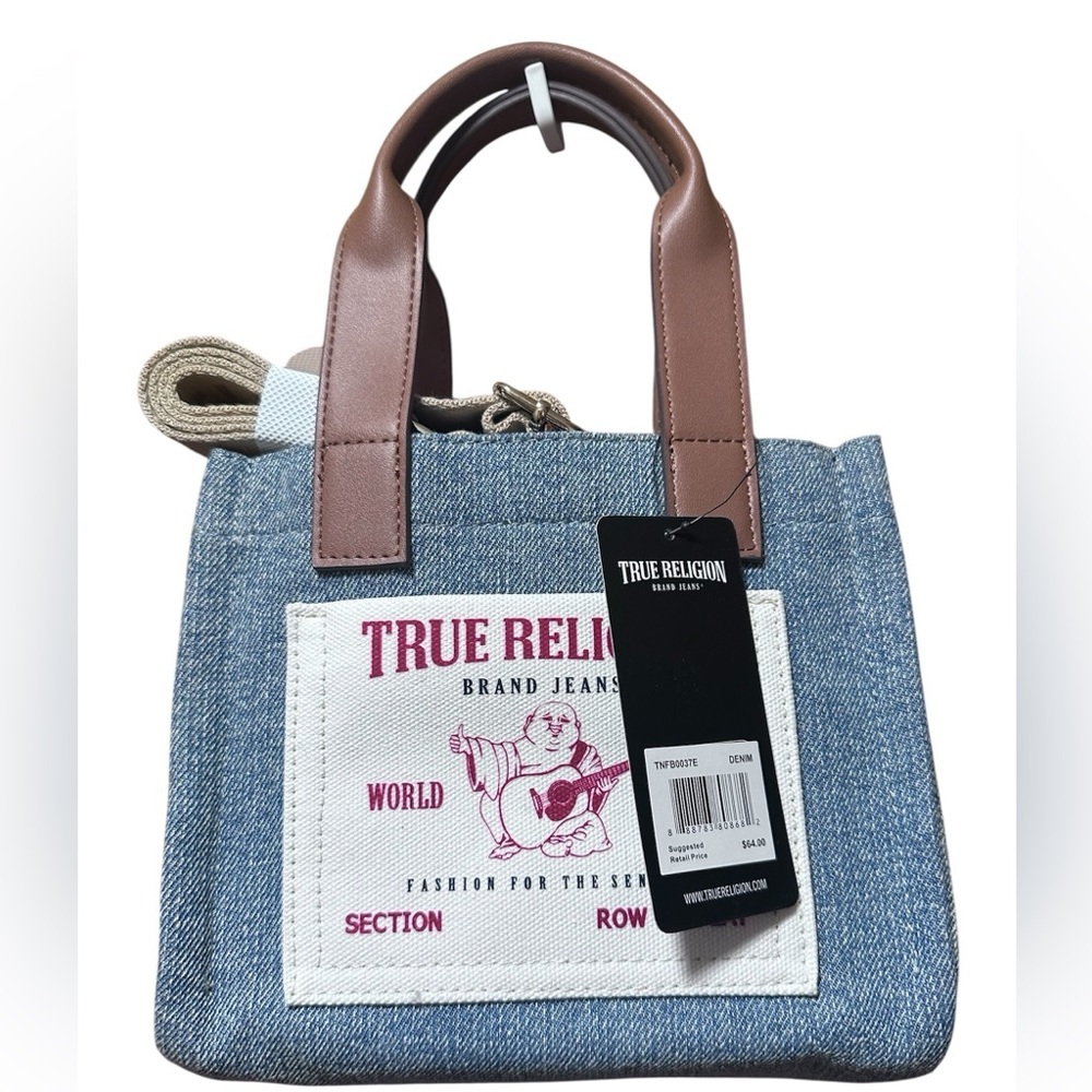 True Religion Blue Denim Tote with Brown Accents - Picture 2 of 2